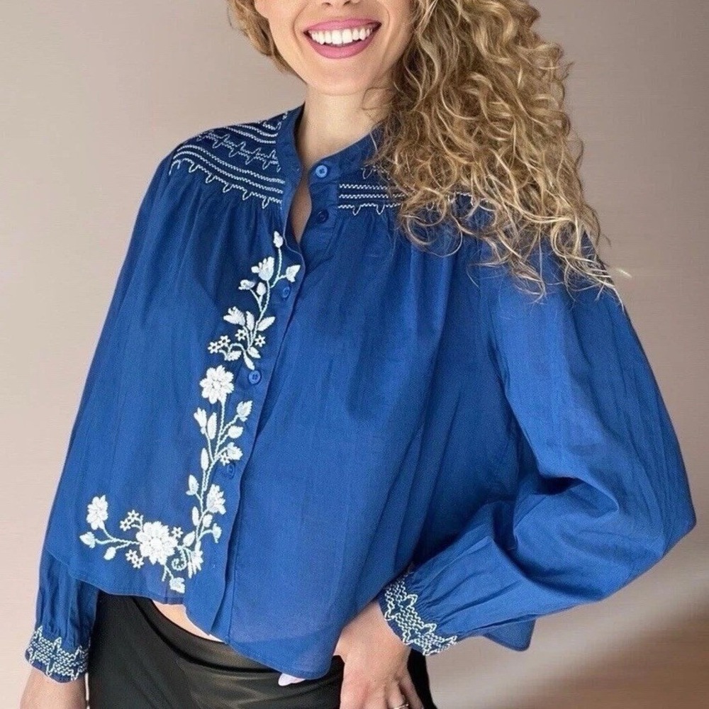 Zara Women Royal Blue Embroidered Cotton Smocked Boho Blouse Small NEW
